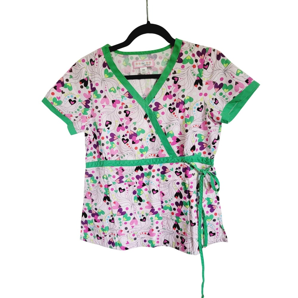 Koi by Kathy Peterson XS Womens Heart Print Happiness Mock Wrap Scrub‎ Top Pink - Picture 3 of 14